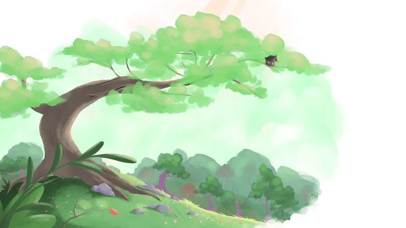 A leaning tree on a green hillside, with a tiny nest at the very top