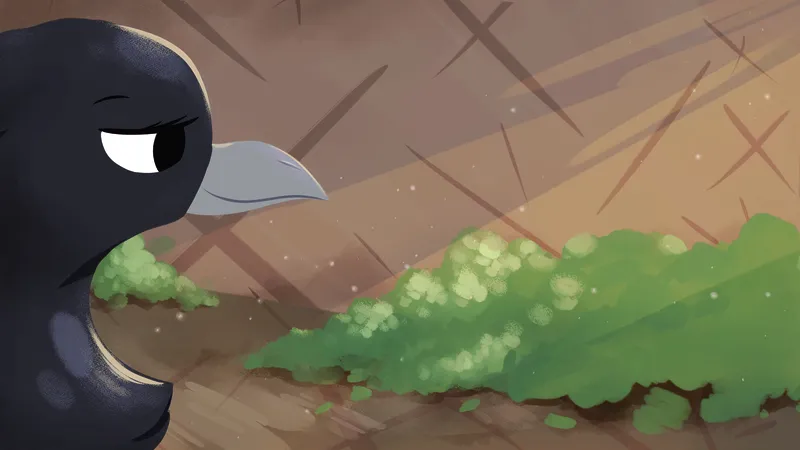 A close-up of a crow looking out over the treetops