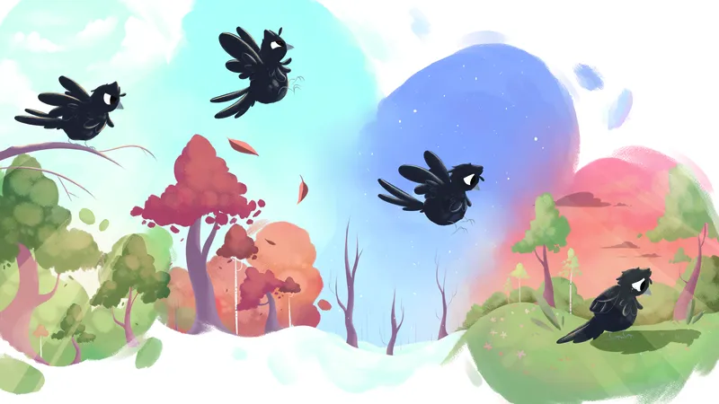 Crows soaring over a colorful forest while one small crow stays on the ground