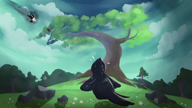 Russell watching from the meadow as a hawk circles the tree