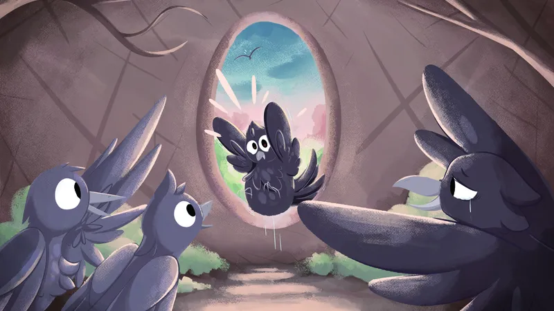 Russell flying into the nest as his family looks on